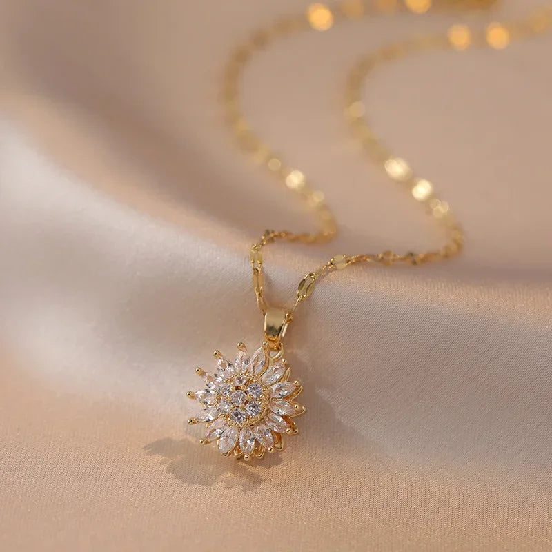 Double-layer Rotatable Sunflower Necklaces For Women Girl Chain Choker Stainless Steel Jewelry Accessories