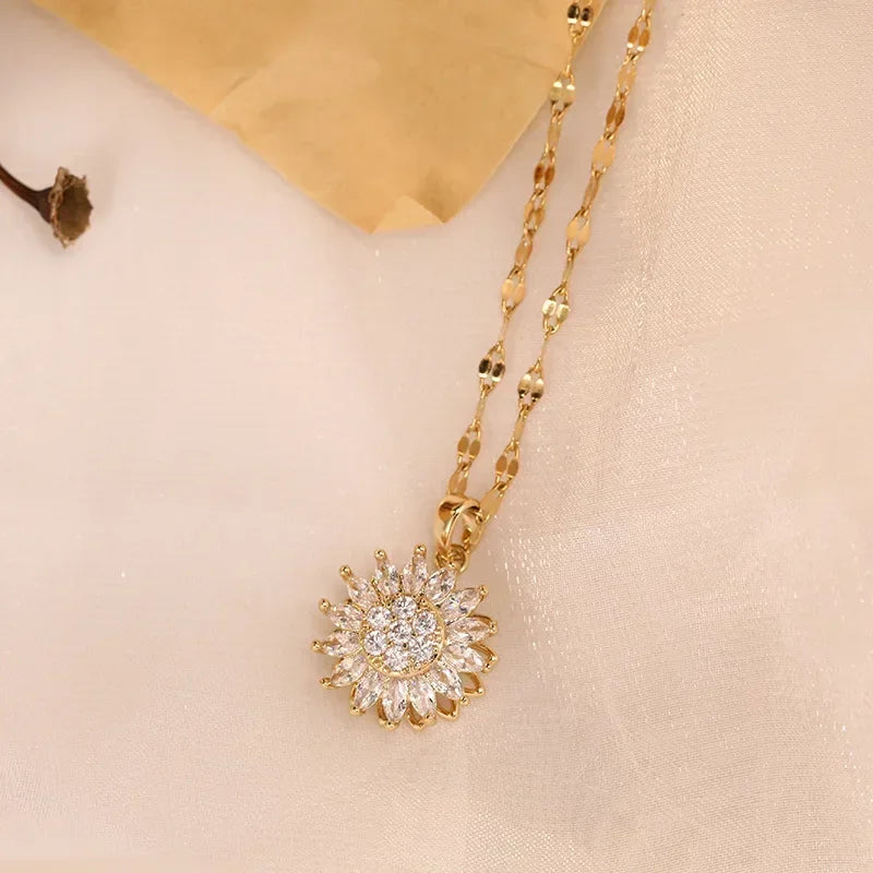 Double-layer Rotatable Sunflower Necklaces For Women Girl Chain Choker Stainless Steel Jewelry Accessories