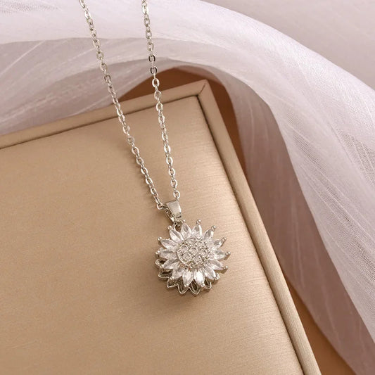 Double-layer Rotatable Sunflower Necklaces For Women Girl Chain Choker Stainless Steel Jewelry Accessories