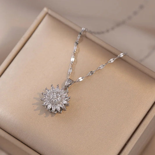 Double-layer Rotatable Sunflower Necklaces For Women Girl Chain Choker Stainless Steel Jewelry Accessories